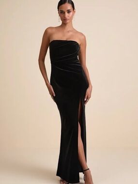 Lulus Strapless Black Velvet Evening dress with Thigh Slit